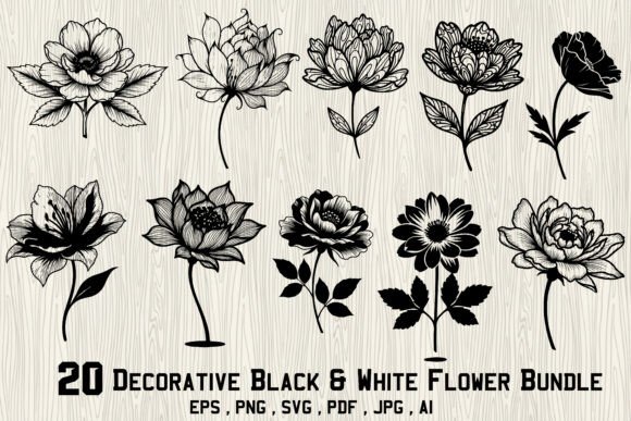 Decorative Black White Flower Bundle: A Timeless Graphic Design Asset for Editorial and Web Publishing